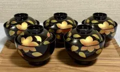 【未使用】会津塗 汁椀 5客セット 金彩 鉄線花 蒔絵 蓋付き 吸物椀 伝統工芸