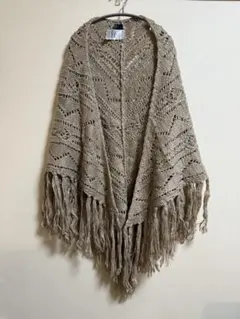 【美品】ベージュ フリンジ付きレース編みショール