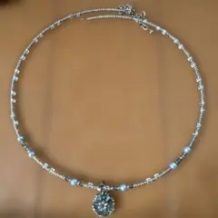 ハンドメイド ビーズネックレス ブルー フラワーモチーフ 大人可愛い