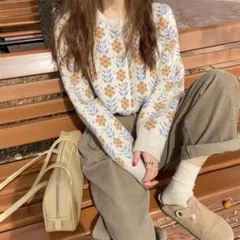 フラワー柄 ニットカーディガン 長袖