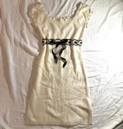 2000s 姫ロリ ふわふわニットはしごリボンアイボリーワンピース 黒レース