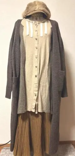 森ガール　ワンピース 前あきチュニック ベージュ　茶色バイカラー切替　フリル襟