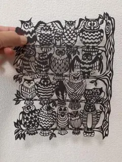 【切り絵】福がいっぱいフクロウ(ver2)　野鳥　縁起物　壁面飾り　ハンドメイド