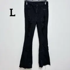 美品✨SHEIN ブーツカットデニム 【L】 長ズボン 古着 ダメージ加工 黒
