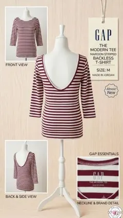 GAP ギャップ ボーダー カットソー 背中あき 七分袖 ボルドー Mのサムネイル