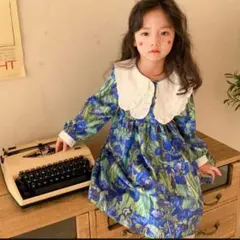 の*ん様 【新品未使用】BIG襟 花柄シフォンワンピース ブルー 90 ガーリー