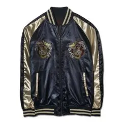 スカジャン★3L スーベニアジャケット 刺繍 ブルゾン 双龍/NAVY