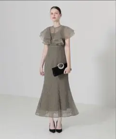 【LEJA 】フリル半袖シアーレースグリーン フリルスリーブ パーティードレス