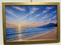 幻想的な海の風景画 朝日 オイルパステル画原画 ハガキサイズ 絵画