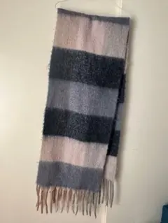 グレー系チェック柄ストール フリンジ付き