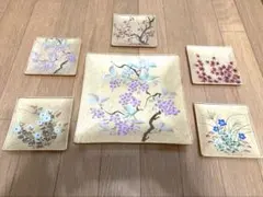 ガラス製　光琳絵皿　大皿1・小皿5　新品未使用 未使用品】尾形光琳絵皿 大皿1枚・取り皿5枚セット 光琳絵皿 ガラス製