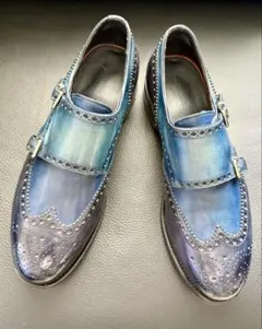 Santoni ダブルモンク ウィングチップ ブルー 7 高級ライン　パテーヌのサムネイル