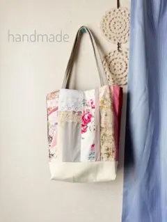 ハンドメイド　パッチワーク　トートバッグ　ピンク花柄