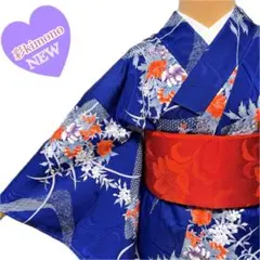 《7K134》洗える着物 小紋 袷 化繊 青 オレンジ 対象身長～161cm