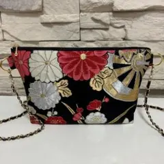 完売帯地リメイク★豪華絢爛！黒地刺繍風 ショルダーバッグ（横27cm）