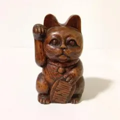 希少 木彫 招き猫 置物 オブジェ 骨董 右手上げ 時代