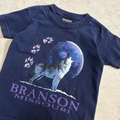 【100相当】オオカミ プリント Tシャツ ネイビー 狼 古着 動物 アニマル