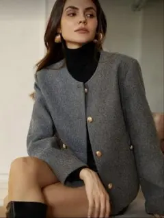 SHEIN ノーカラージャケット グレー ゴールドボタン Sサイズ