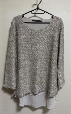 ZARA☆スパンコール入りシフォン重ねニットプルオーバー ベージュ
