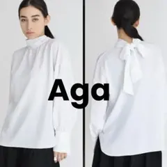 美品★ヤマダヤAga ヘリンボーンバックリボンブラウス ホワイト ボウタイのサムネイル
