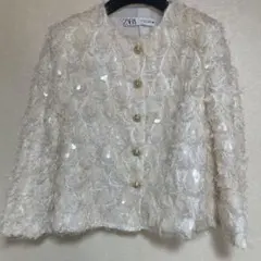 ザラスパンコールフリンジノーカラージャケット　金ボタン