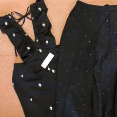 最終価格 フラワー刺繍サロペット ラインストーンワイドパンツ L 花柄ドット 黒