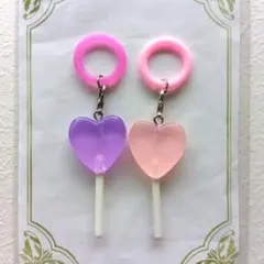 ビーズキーホルダー　目印アクセサリー　ハート　ピンク　紫　ロリポップキャンディ