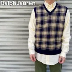 90s☆ラルフローレン☆リネンコットンベスト☆チェック柄☆Vネック☆ベージュ☆M