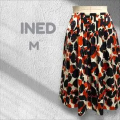 イネド INED ひざ丈スカート プリーツ フレア 総柄 M ドット 【632】