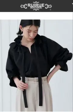 リボンギャザー襟ラグランスリーブトップス 定価5489円