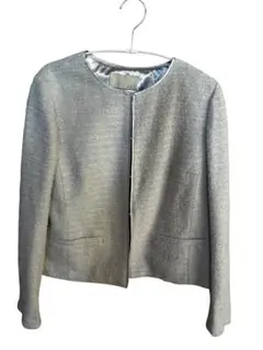 自由区　ライトグレー ノーカラーツイードジャケット　L