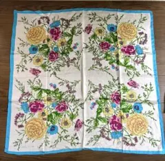 大判　花柄スカーフ 多色 水色縁 シルク100%