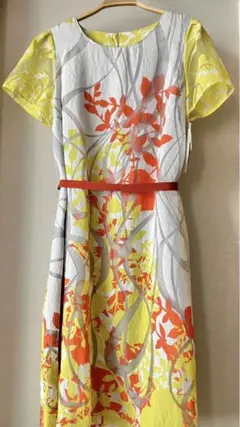 新品タグ付き ひざ丈ワンピース 半袖 夏 シアー素材 ボタニカル柄 カラフルのサムネイル