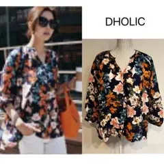 【美品】dholic. フラワー柄ルーズVネックブラウス