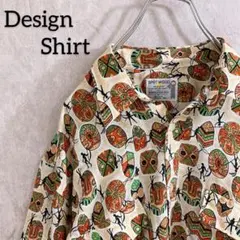 古着 ポリシャツ 柄シャツ 総柄 民族柄 オープンカラー 長袖