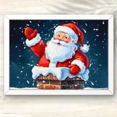 A4 煙突から登場する笑顔のサンタクロース 油絵アート インテリアポスター 油絵