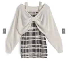 リボンシャギートップスチェックキャミソールミニワンピースセットアップan1705