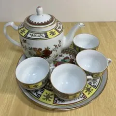 中国 景徳鎮 粉彩 手描き 茶器セット 急須 湯呑み 皿 外銷瓷 ヴィンテージ
