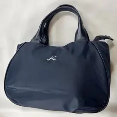 キタムラ2　ロゴ刺繍　ナイロン　牛革　ハンドバッグ　肩掛け可能　3室　ネイビー