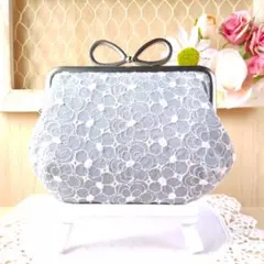 がま口財布＊親子口金＊お花いっぱい＊ブルーグレー＊ハンドメイド