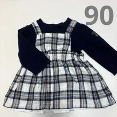 ノイユエームべべ　ネイビー チェックトップス　重ね着風　チュニック　長袖Tシャツ