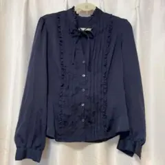 ネイビー 長袖 ブラウス レディース リボンブラウス Vネック