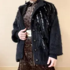 希少 ビーズ スパンコール アンゴラ カーディガン 昭和レトロ ヴィンテージ 黒