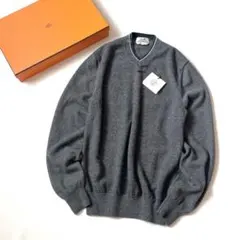【美品】エルメス　ニット セーター　H刺繍　カシミヤ100％　Vネック　グレーのサムネイル