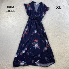 H＆M L.O.G.G.フラワープリント 着物風 ラップワンピース ネイビーXLのサムネイル