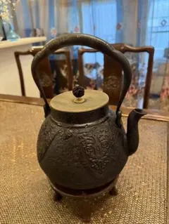 大正15年/特注品名門 龍文堂造 古鉄瓶 唐銅蓋 在銘 骨董 煎茶道具（箱