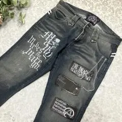 h.anarchy】スカル.プリント.デニム.フレア.パンツ.パンク.ロック.黒