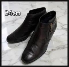 日本製 本革 レザー ショートブーツ 24.0cm 黒 【C】のサムネイル