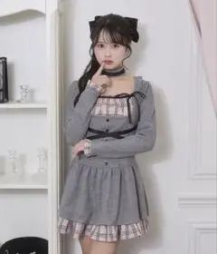 Honey Cinnamon クロスリボンポイントチェックワンピース グレー
