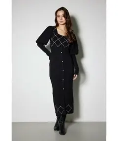 riendaビジューチェックタイトニットワンピース